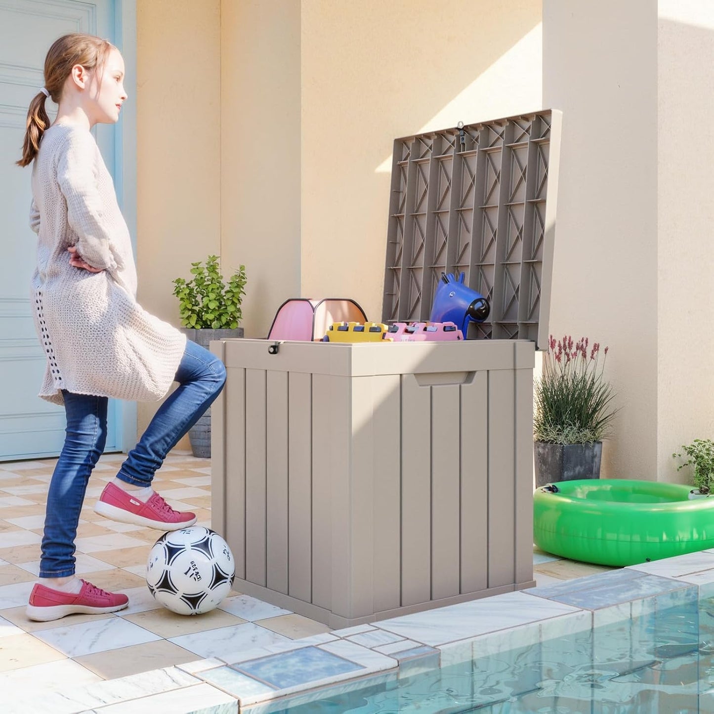 50 Gallon Large Outdoor Deck Storage Box-Beige